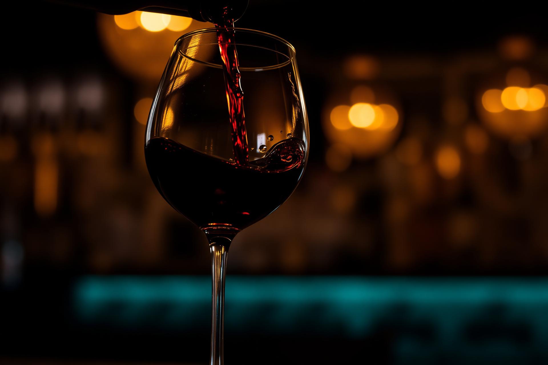 Red wine being poured into a glass in a dim bar